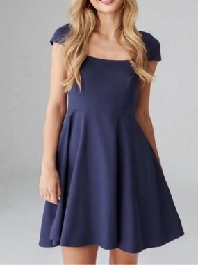 Belle Badgley Mischka Navy Fit & Flare Cocktail Dress – Cap Sleeve, Size 4
